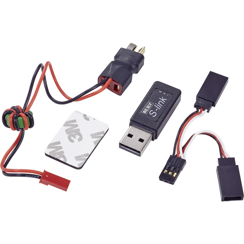 Ein USB-Adapter mit verschiedenen Anschlüssen und Kabeln zur Verbindung elektronischer Geräte, inklusive Klebepad und Ferritkern.